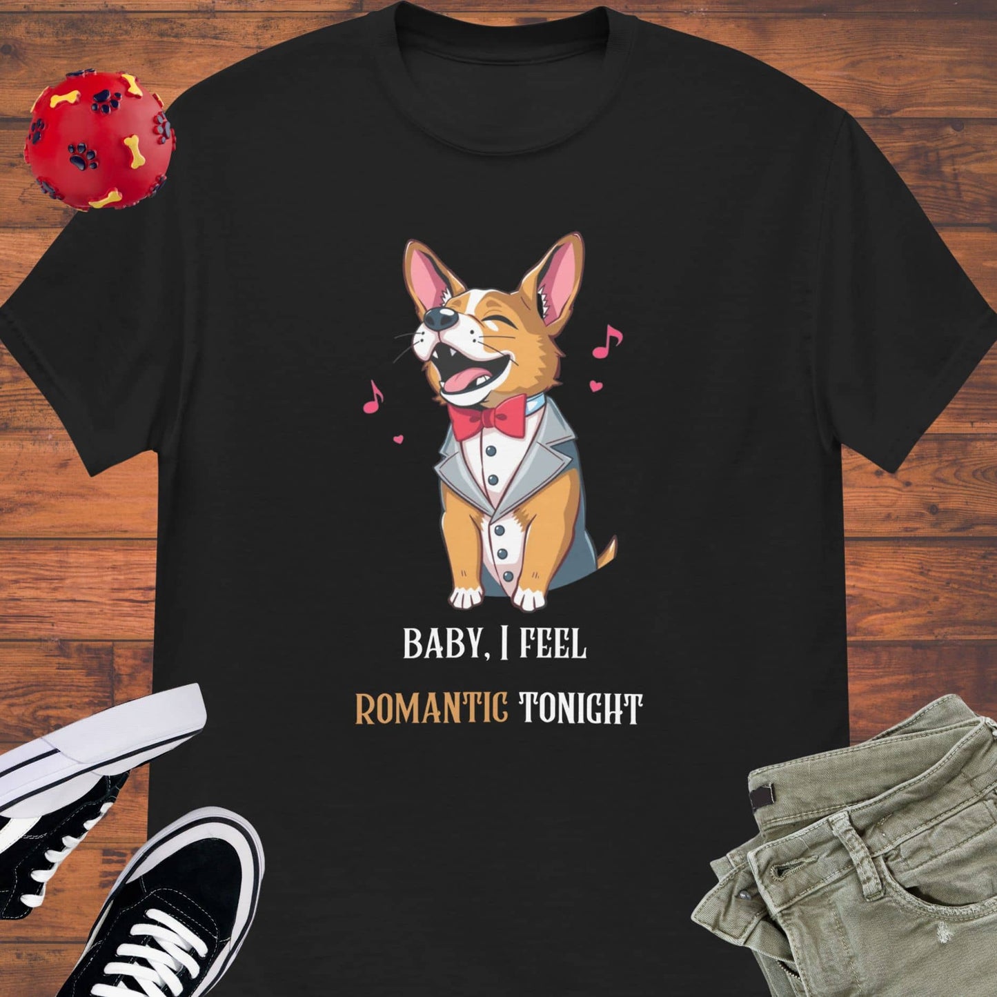 Dog in tuxedo singing. Music lover