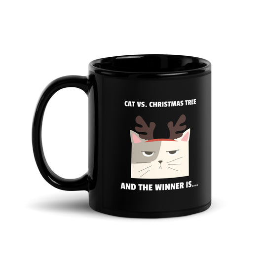 Cat vs Christmas tree Black Glossy Mug || Happiness and Music Merch